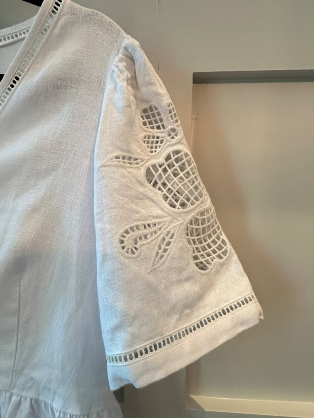 🤍 Madewell White Linen Midi Dress M 🌿 Cottagecore Embroidered Sleeve Boho - Picture 3 of 13